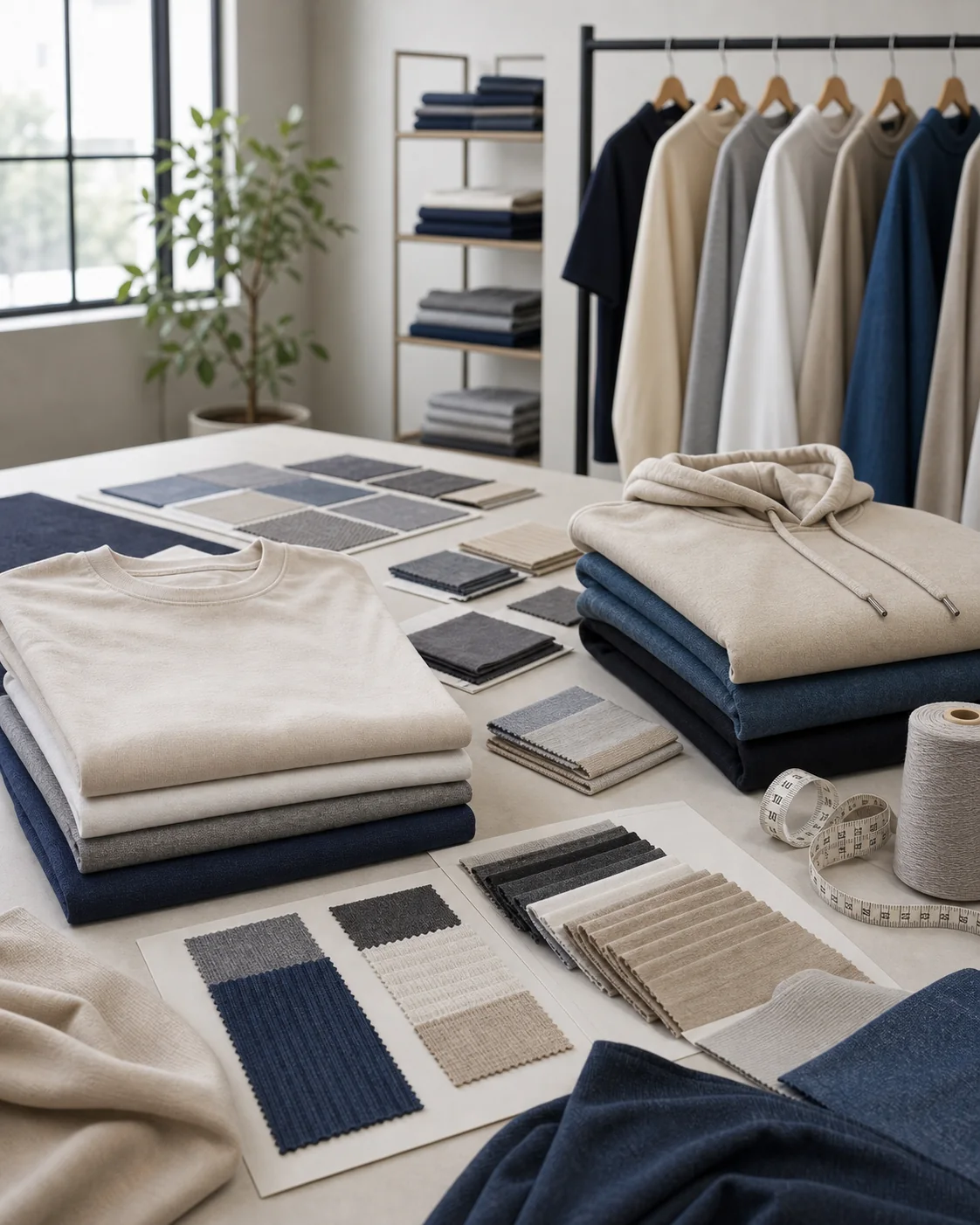 Knitwear samples including t-shirts, hoodies, sweatshirts, jersey, fleece, rib, and pique fabrics
