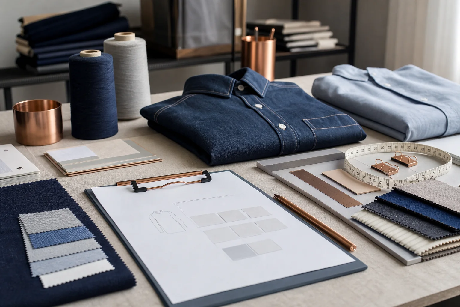 Production inquiry desk with garment samples, fabric swatches, trims, measuring tape, and sourcing documents