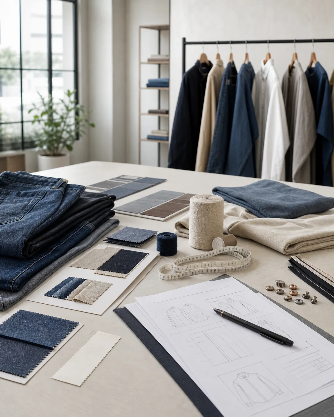 Premium apparel production workspace with garments, fabric swatches, trims, and sourcing documents
