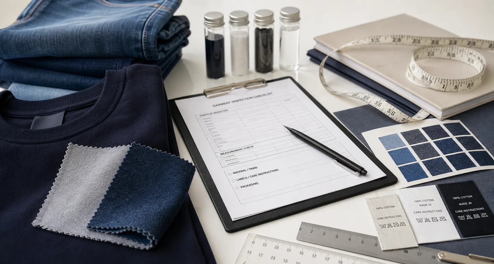 Garment sample, denim and knit swatches, measuring tools, sample vials, care labels, and inspection checklist
