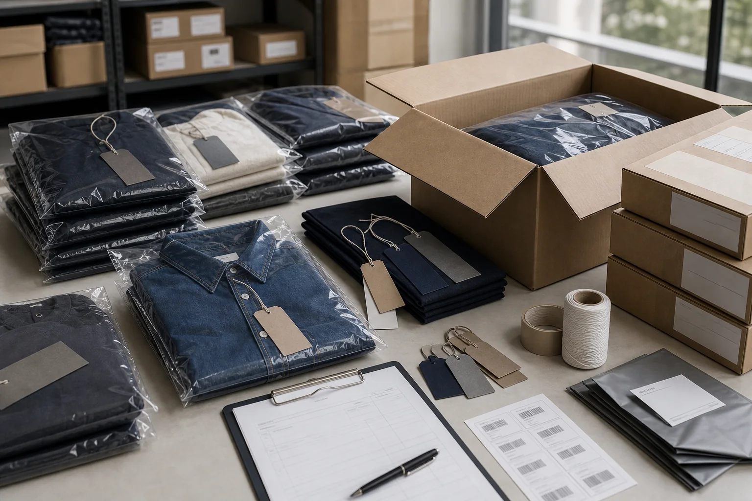 Folded apparel, neutral packaging, cartons, labels, and export preparation materials