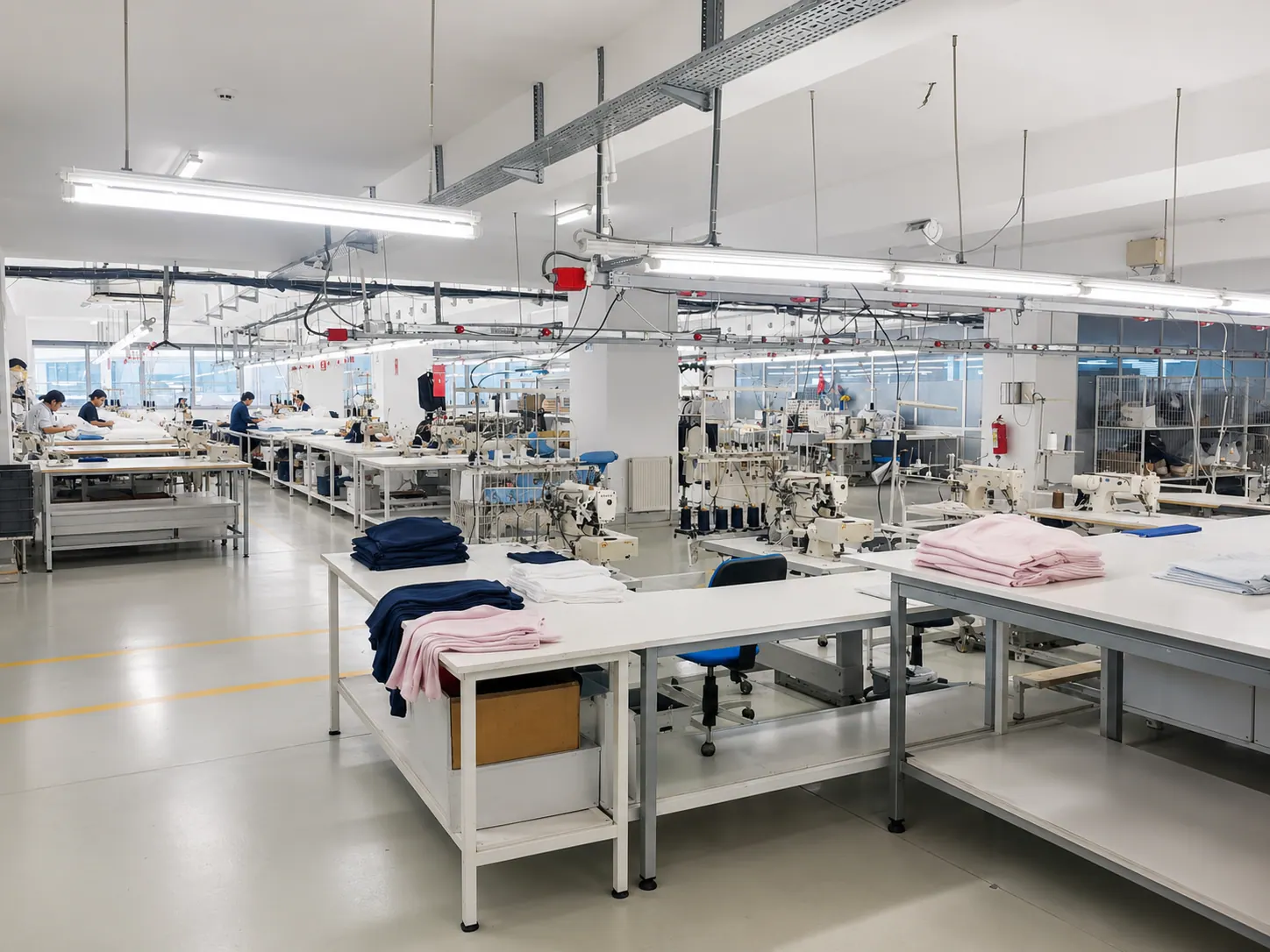 Zone de préparation de production avec machines à coudre et vêtements organisés